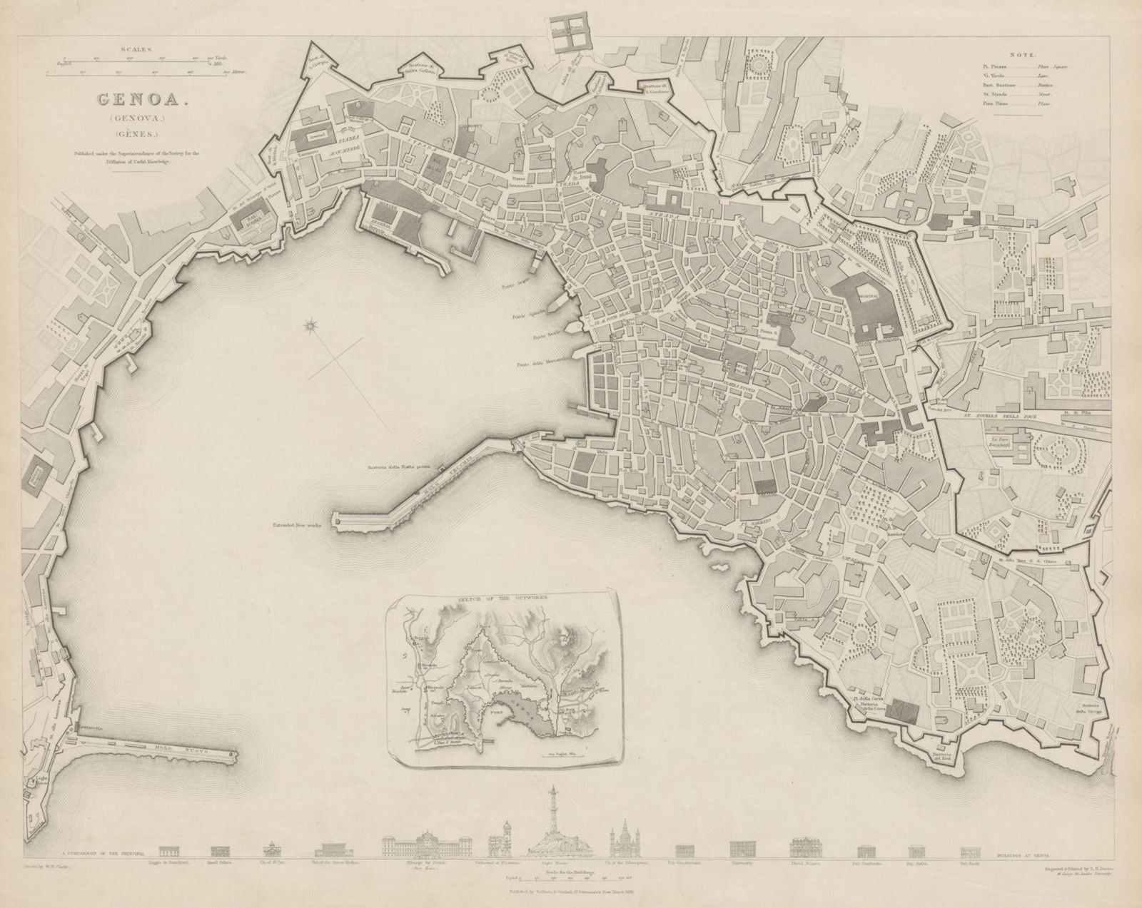 GENOVA (GENOA GÊNES) GÈNES antique town city map plan.Inset outworks SDUK 1844